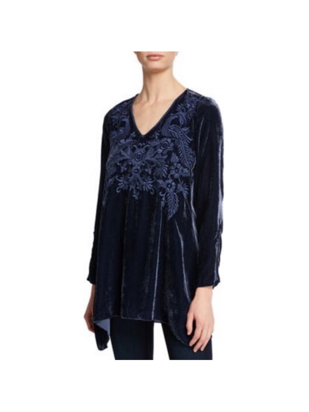 Johnny Was Kamala Velvet Embroidered V-Neck Tunic Silk Blend Navy Size XS